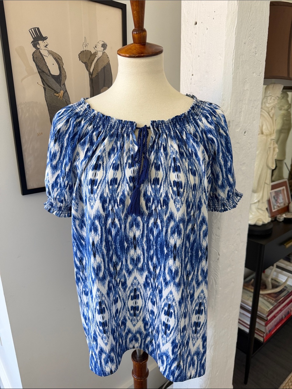 Joie 100% Silk Masha Ikat Tassel Tie Short Sleeve Blouse Top S